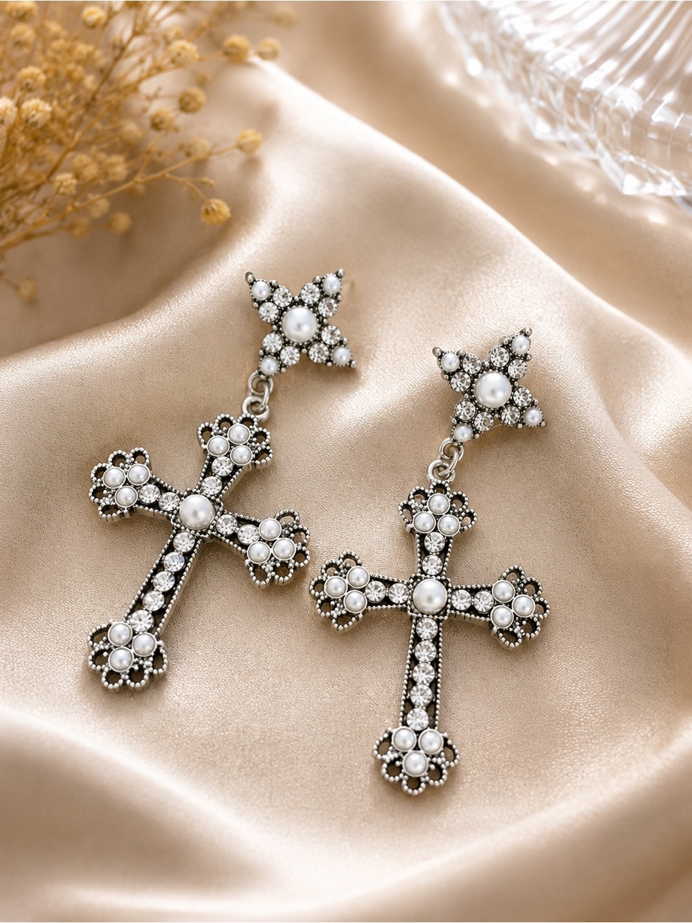 Pearl & Crystal Cross Drop Earrings